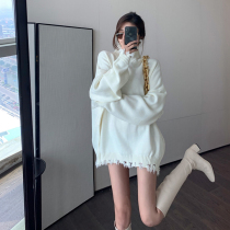  Design sense hem broken edge long turtleneck sweater womens 2021 autumn new western style lazy loose long-sleeved top