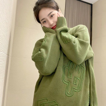 Design sense niche three-dimensional pattern green sweater female 2021 Winter new net red age loose lazy shirt