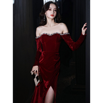 Toasting Bride Wine Velvet Engagement High-end Long Small Evening Dress Women 2021 New Banquet Temperament