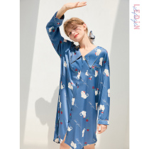 Leding Original Pearl Cat Sleeping Dress Women's Autumn New Printed Ice Silk Autumn Shirt Dress Sexy Long Sleeve Home Clothes