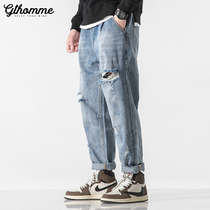 Pants mens spring and summer break in jeans Mens loose straight cylinder Han version Trend light overalls Little footed pants Chaoters Guys
