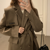 Ukraine 77 Design Letters shawl wool coat female belted Korean version of the loose temperament double-breasted quilted jacket