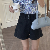 Black 77 casual Bai tie jeans female Korean high waist thin three-button crimped wide leg shorts 2021 summer