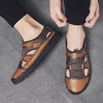  Summer leather casual red and green mens sandals full cowhide beach shoes driving special slippers wading Shuoxi shoes