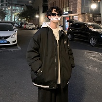 Winter 2021 new thick hooded frock cotton-padded jacket boys tide brand trend ins national tide loose cotton coat