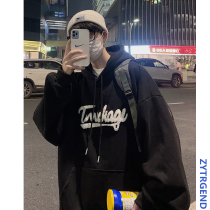 Autumn embroidery plus velvet thick hooded sweater boys autumn and winter ins harbor wind chic couple loose trend coat