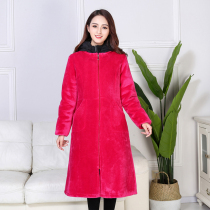 Autumn and winter gown extended womens padded velvet down jacket Korean waist zipper long sleeve kitchen apron