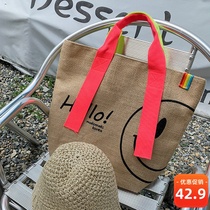 South Korea Dongdaemun womens bag new 2021 cute smiley bag cotton and hemp printing casual tote bag commuter bag wild