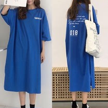  Spring and summer Korean version of the new Harajuku style BF ultra-long over-the-knee short-sleeved T-shirt summer loose large size split dress female tide