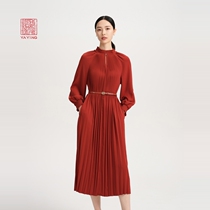 Elegant womens elegant belt design stand-up collar lantern sleeve pressed pleated dress 2022 autumn new model 4824A