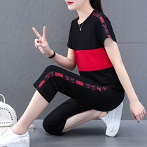 Pure cotton leisure suit sportswear female mother 2021 new cotton middle-aged short-sleeved set of three-point pants two summer