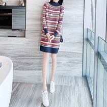 Knitted Dress Women Autumn Winter 2021 Winter Explosive Knitted Jacquard Loose Joker Fashion Semi-high Collar Sweater Dress Women