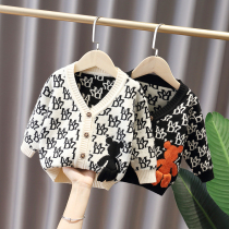 Boy fall cardioplane sweater 1-5-year-old male baby V collar cartoon kummy weasel-jersey boy outside wearing woolen sweater