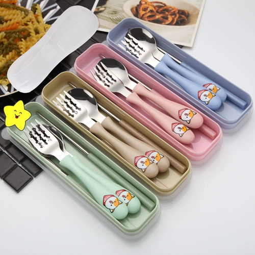 Детская мультяшная посуда из нержавеющей стали, милый комплект для школьников, портативная коробка, 3 предмета, подарок на день рождения