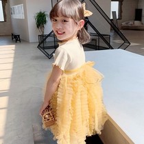 2021 new summer childrens puffy dress girl dress net gauze dress Princess dress fake two short sleeve cake skirt