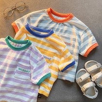 2021 summer new boys contrast striped slub cotton short-sleeved T-shirt childrens baby loose thin top tide