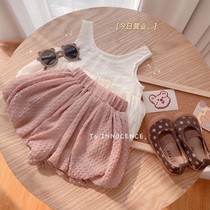 Girls summer suit 2021 new fashionable foreign style summer girl baby Korean vest lantern shorts two-piece set