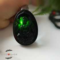 Natural Xinjiang live magnetic ink jade Guanyin jade brand ink jade pendant heart protection brand Lantian Jade dark green jade Guanyin pendant