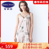Anlifang thin ice silk sling nightgown women sexy deep V back printed home clothing ELW0196