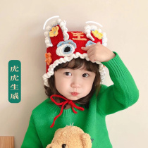 Homemade 2022 New Year Red Cute Little Tiger Woven Ear Protection Hat for Boys and Girls Baby Warm Worship Tiger Year Hat