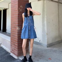 Summer 2021 new Korean version of the net red Hong Kong flavor student loose A-line skirt blue sleeveless denim dress female tide