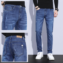 Hong Kong Spring blue jeans Mens Spring and Autumn Body Straight Drum 2022 Korean version Trend high-end elastic casual long pants