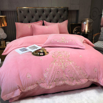 Winter milk velvet padded four-piece set plus velvet sheets double-sided coral velvet embroidery quilt cover flannel princess wind