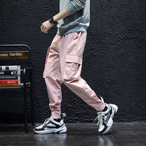 Autumn and winter pink overalls mens Velcro bundle feet streamer cargo ankle-length pants Japanese loose chic Tide brand