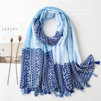 Guangxi Zhuangjin scarf spring and autumn tourism sunscreen shawl female Zhuang characteristic blue thin silk scarf scarf hand gift