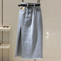 Denim skirt womens summer thin section 2021 new a-word high waist thin hip mid-length split skirt women