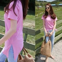  Pure cotton t-shirt summer new plus size womens top loose Korean pink student round neck short-sleeved T-shirt