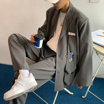 Light mature style high-end fried street mens casual suit suit suit mens spring and autumn hair stylist Tide brand set with handsome