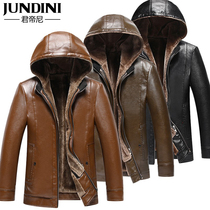 Middle-aged and elderly leather clothing father plus velvet thickened middle-aged men hooded warm leather jacket grandfather winter jacket