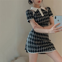 Large code advanced feeling sashimi short sleeve POLO collar dress with dress lady Charfa style retro hollowed-out spicy girl short skirt