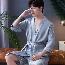 Ice Silk Sleepwear Mens Summer Thin high level sensary silk mid-length bath robe big code morning gown relaxation Home Suit Men