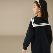 Hateeth Boy Clothing Summer New Pint Girl Child Parenting Navy Collar Pure Cotton Pro-Skin Comfort Pure Color Straight Drum Dress