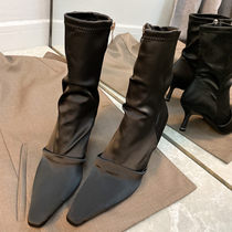 European and American pointy short boots female spring autumn single boots satin finish high heel single shoes 2022 new thin heel slim boot children