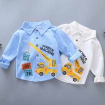 Boy white shirt pure cotton 2022 new baby turned collar blouses The childrens foreign air spring dress child print lining damp