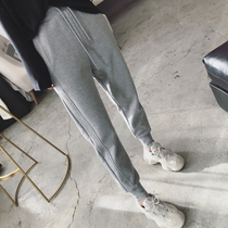 Gray sweatpants womens spring and autumn retro high waist loose casual sweatpants plus velvet thickened nine-leg Haren pants