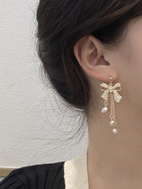 Bowknot Pearl tassel long female earrings simple fashion gold earrings 2021 New temperament ear clip summer