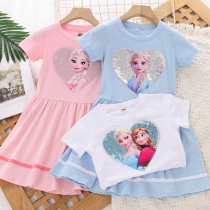 Girls Cotton Summer Thin Short Sleeve Sequin Dress 2021 New Cartoon Princess Baby Children Girl Skirt