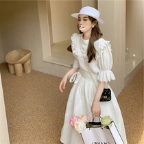 2021 new port wind vintage chic heavy industry fungus lace corrugated shirt high waist skirt two-piece suit summer
