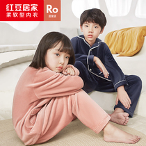 (Antistatic) Red bean childrens island velvet pajamas for boys and girls thickened middle and old childrens pajamas homewear set
