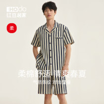 (Soft) Red bean cotton mens short-sleeved shorts pajamas summer simple striped thin housewear set