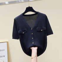 Black ice silk T-shirt women short sleeve summer 2021 New Korean loose slim Joker thin V-neck knitted top