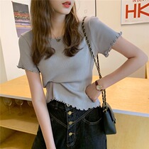 Gray short-sleeved t-shirt womens summer 2021 new fungus edge net red slim-fit short thin top ins tide