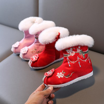 Winter plus Velvet girl Hanfu shoes embroidered shoes boots children Princess New year shoes old Beijing cloth shoes snow boots