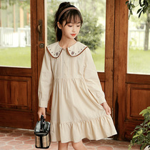 Korea SZ doll collar apricot color Korean long sleeve waist retro childrens skirt waist ruffled girl dress