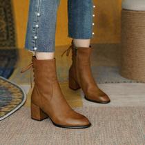Givenivan retro round chunky-heel boots female autumn and winter new side zipper high heel Martin boots 6 5cm