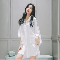 2021 new chiffon night dress female spring and autumn boyfriend style shirt pajamas summer can be worn outside home clothes female